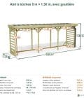 Abri à bûches 5 m × 1,30 m, avec gouttière – cotes extérieures et intérieures