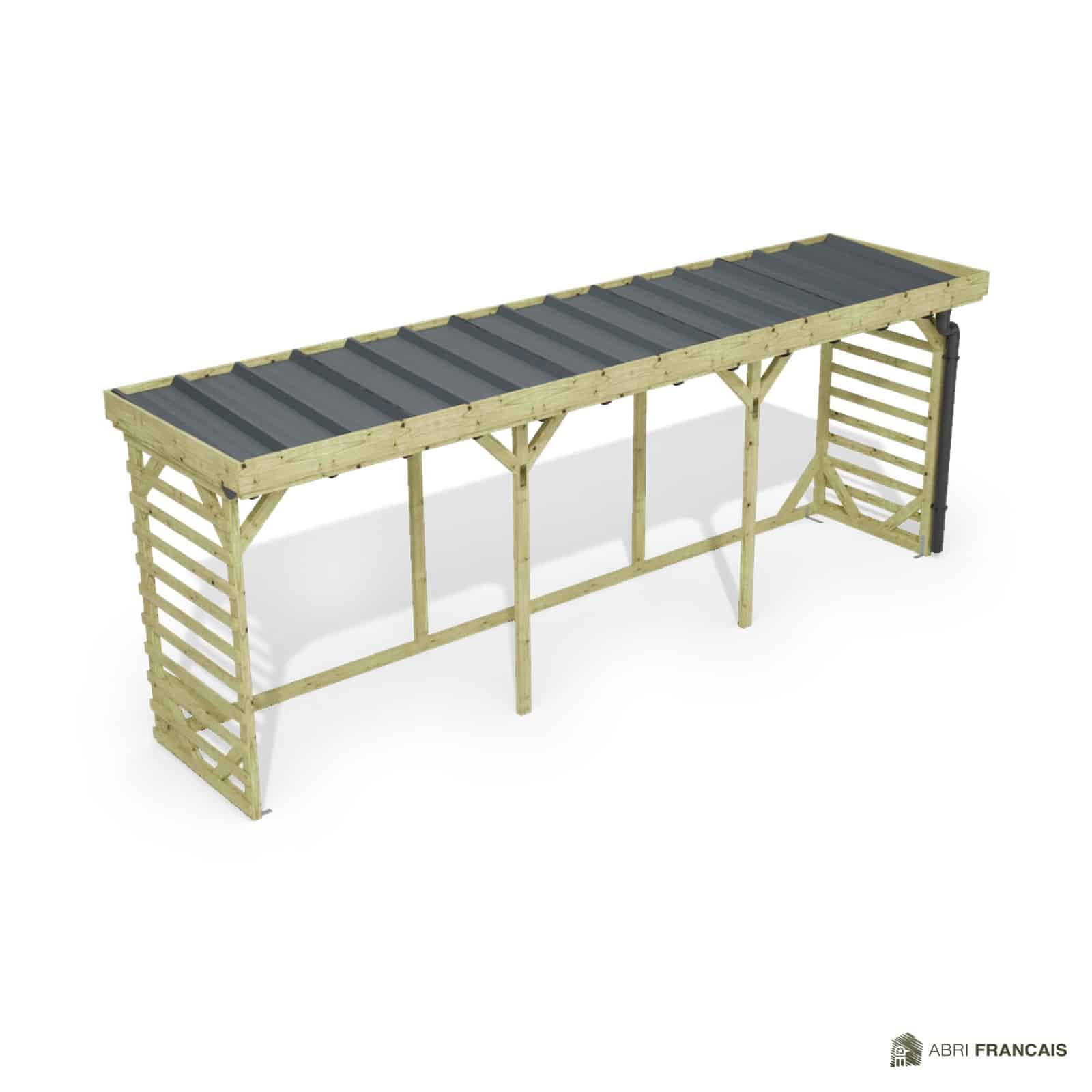 Abri à bûches 5 m × 1,30 m, avec gouttière – vue du toit en bac acier