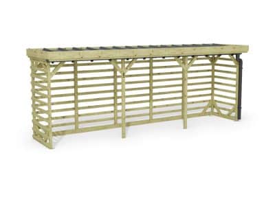 Abri à bûches 5 m × 1,30 m, avec gouttière – rendu 3D sur fond blanc