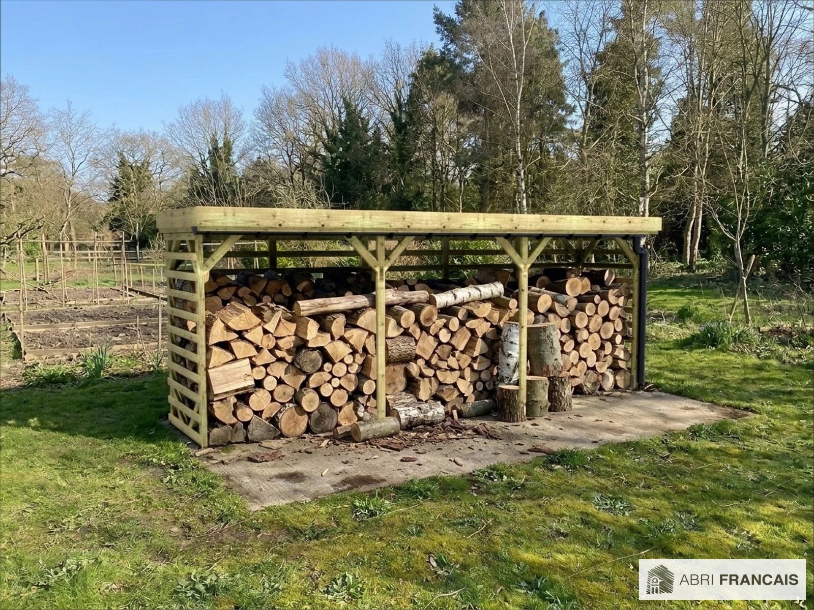 Abri à bûches 5 m × 1,30 m, avec gouttière – mise en situation