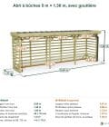 Abri à bûches 5 m × 1,30 m, avec gouttière – cotes extérieures et intérieures
