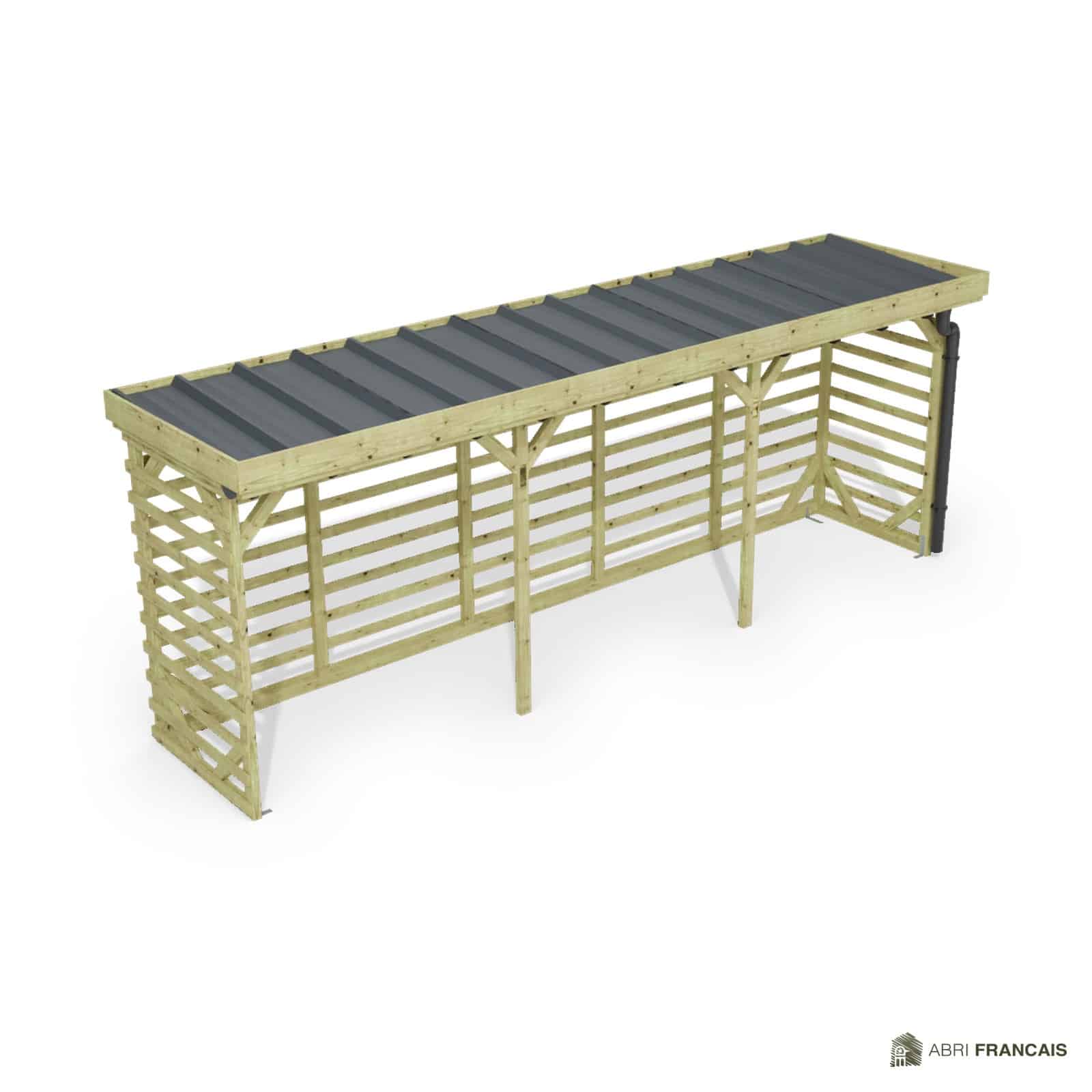 Abri à bûches 5 m × 1,30 m, avec gouttière – vue du toit en bac acier