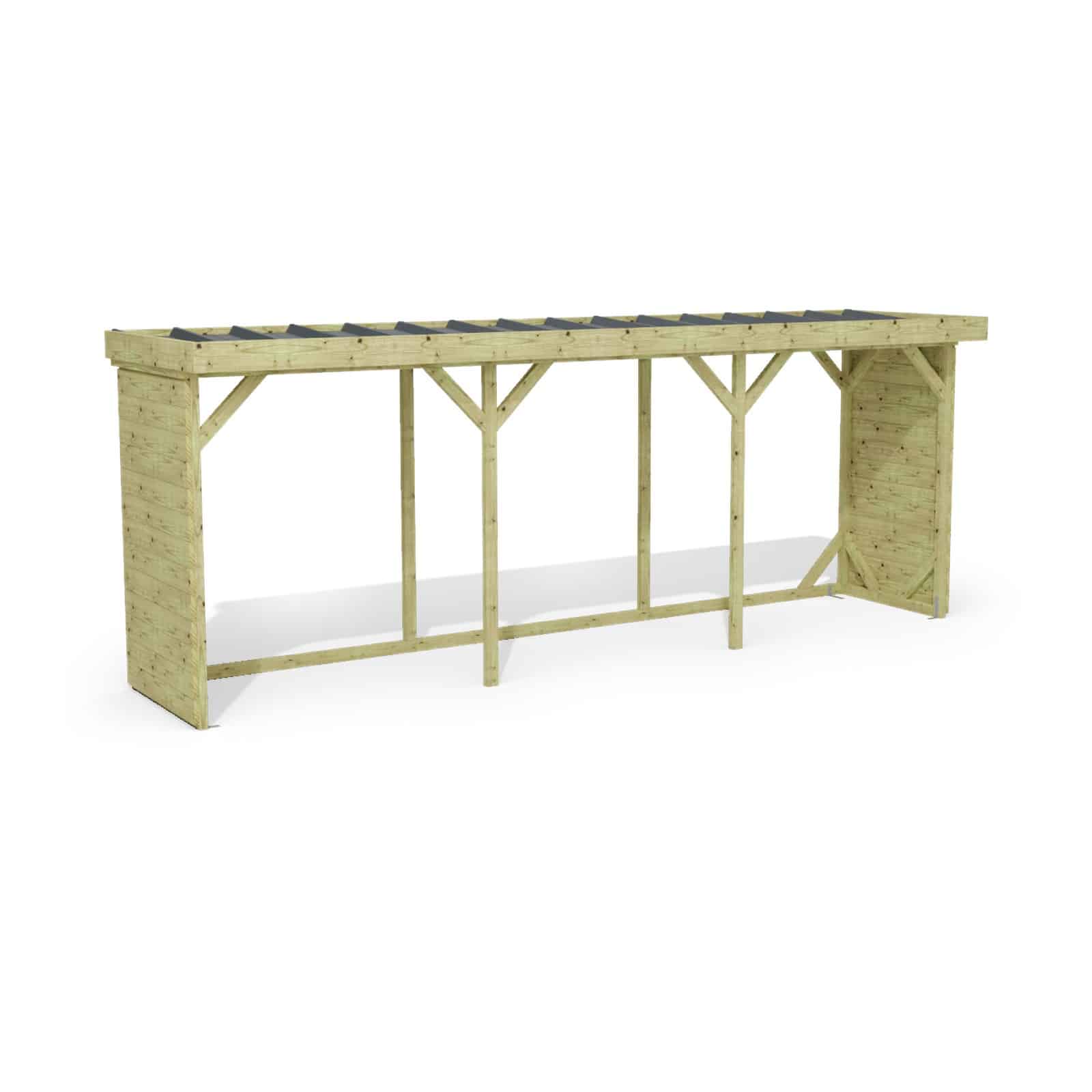 Abri à bûches 5 m × 1,30 m – rendu 3D sur fond blanc