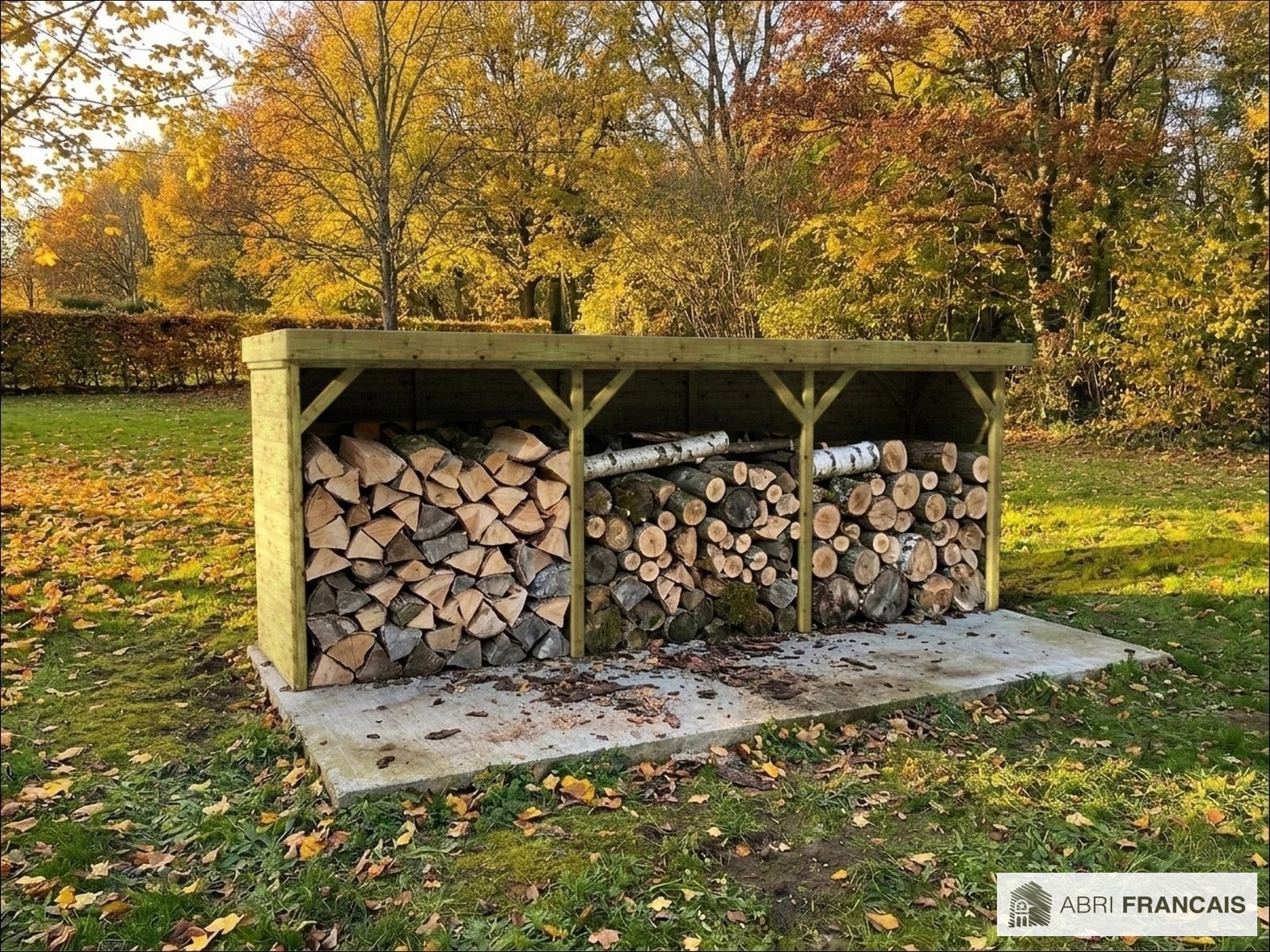 Abri à bûches 5 m × 1,30 m – mise en situation