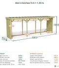 Abri à bûches 5 m × 1,30 m – cotes extérieures et intérieures