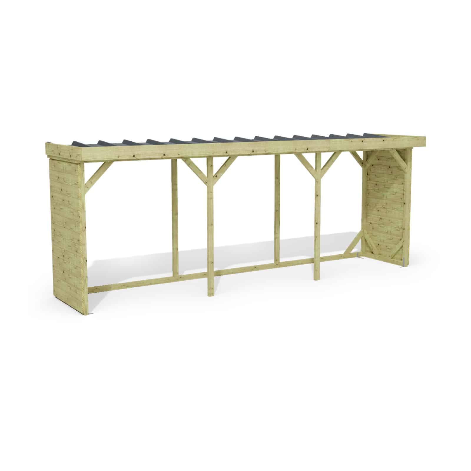 Abri à bûches 5 m × 1,30 m, adossé – rendu 3D sur fond blanc