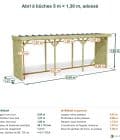 Abri à bûches 5 m × 1,30 m, adossé – cotes extérieures et intérieures