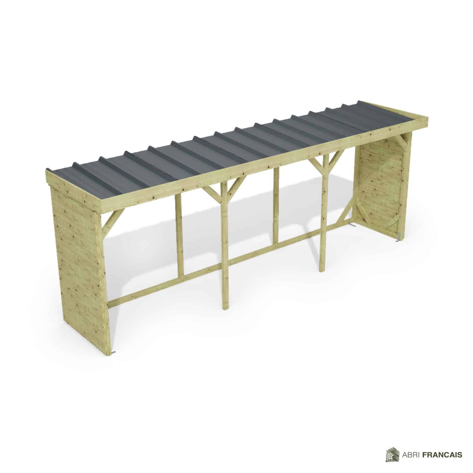 Abri à bûches 5 m × 1,30 m, adossé – vue du toit en bac acier