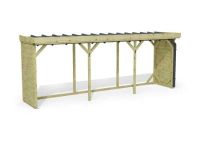 Abri à bûches 5 m × 1,30 m, adossé, avec gouttière – rendu 3D sur fond blanc