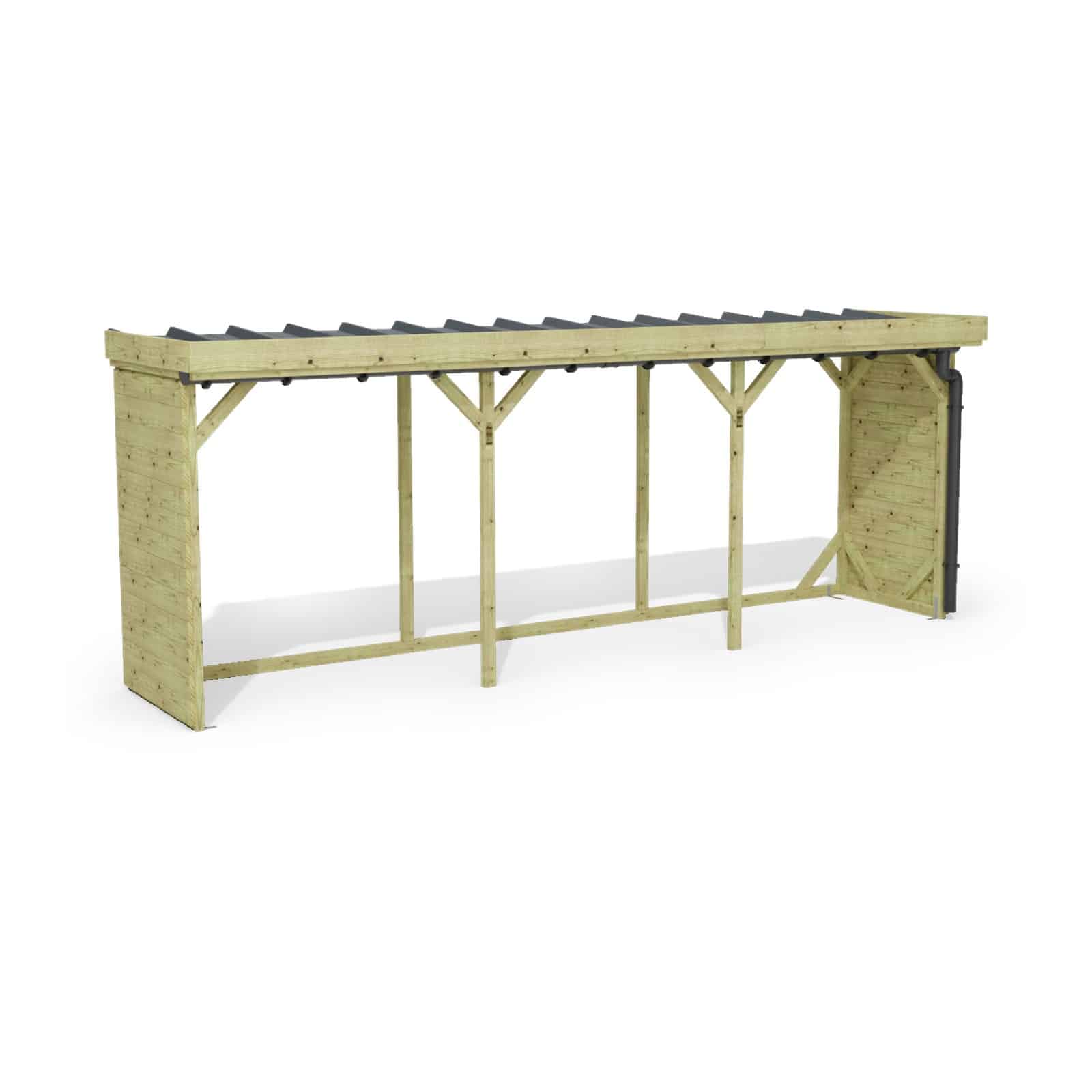 Abri à bûches 5 m × 1,30 m, adossé, avec gouttière – rendu 3D sur fond blanc