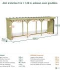 Abri à bûches 5 m × 1,30 m, adossé, avec gouttière – cotes extérieures et intérieures