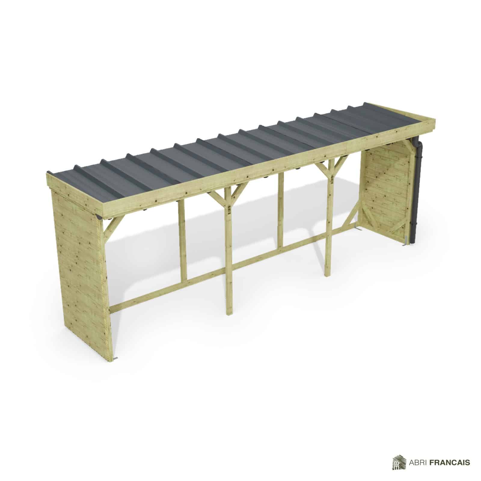 Abri à bûches 5 m × 1,30 m, adossé, avec gouttière – vue du toit en bac acier