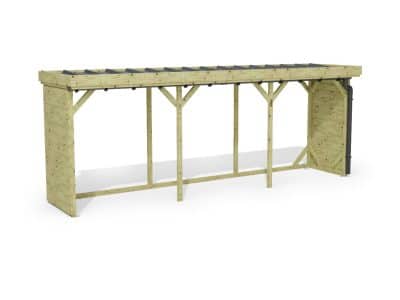 Abri à bûches 5 m × 1,30 m, avec gouttière – rendu 3D sur fond blanc