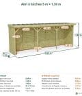 Abri à bûches 5 m × 1,30 m – cotes extérieures et intérieures