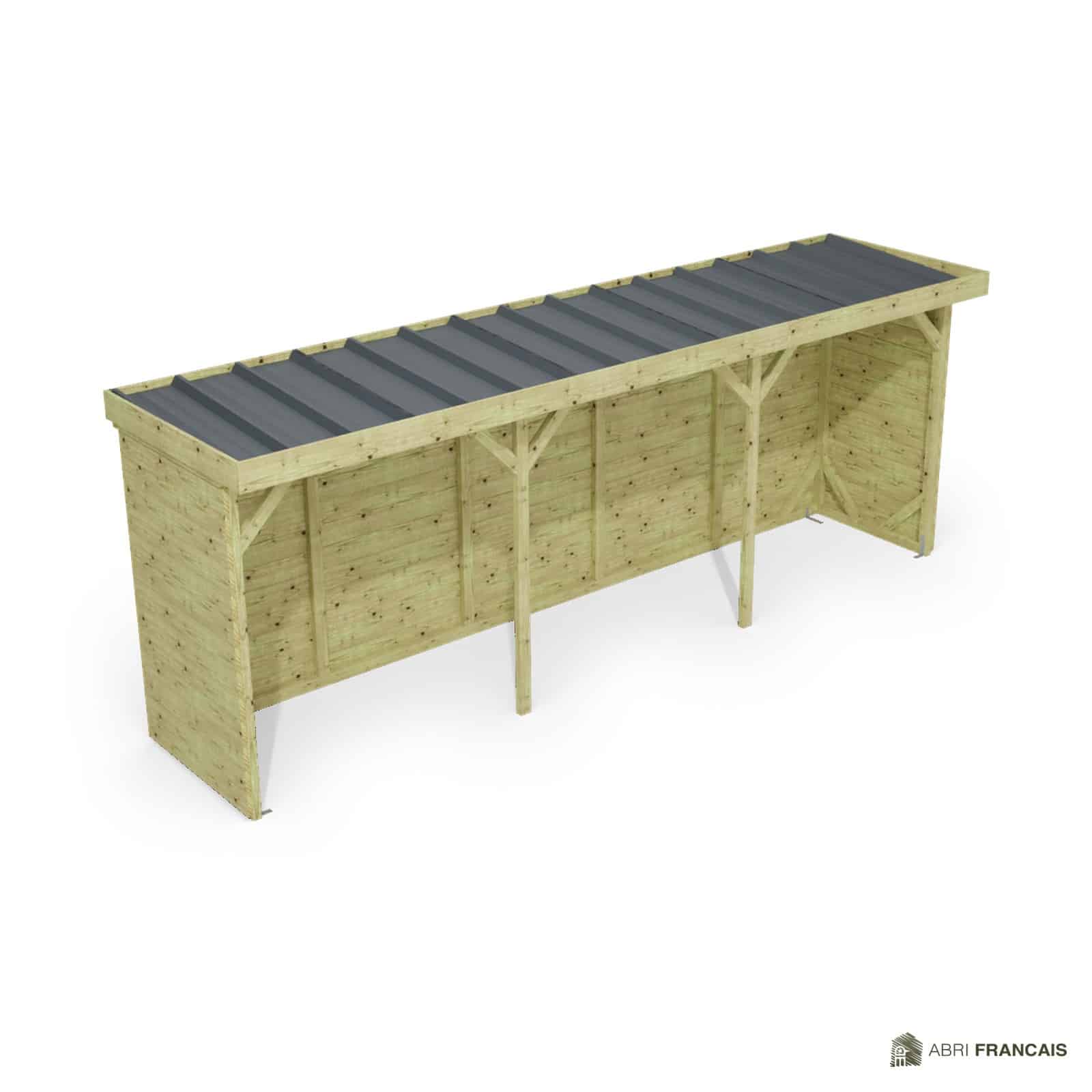 Abri à bûches 5 m × 1,30 m – vue du toit en bac acier