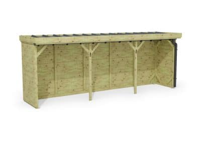 Abri à bûches 5 m × 1,30 m, avec gouttière – rendu 3D sur fond blanc