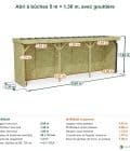 Abri à bûches 5 m × 1,30 m, avec gouttière – cotes extérieures et intérieures