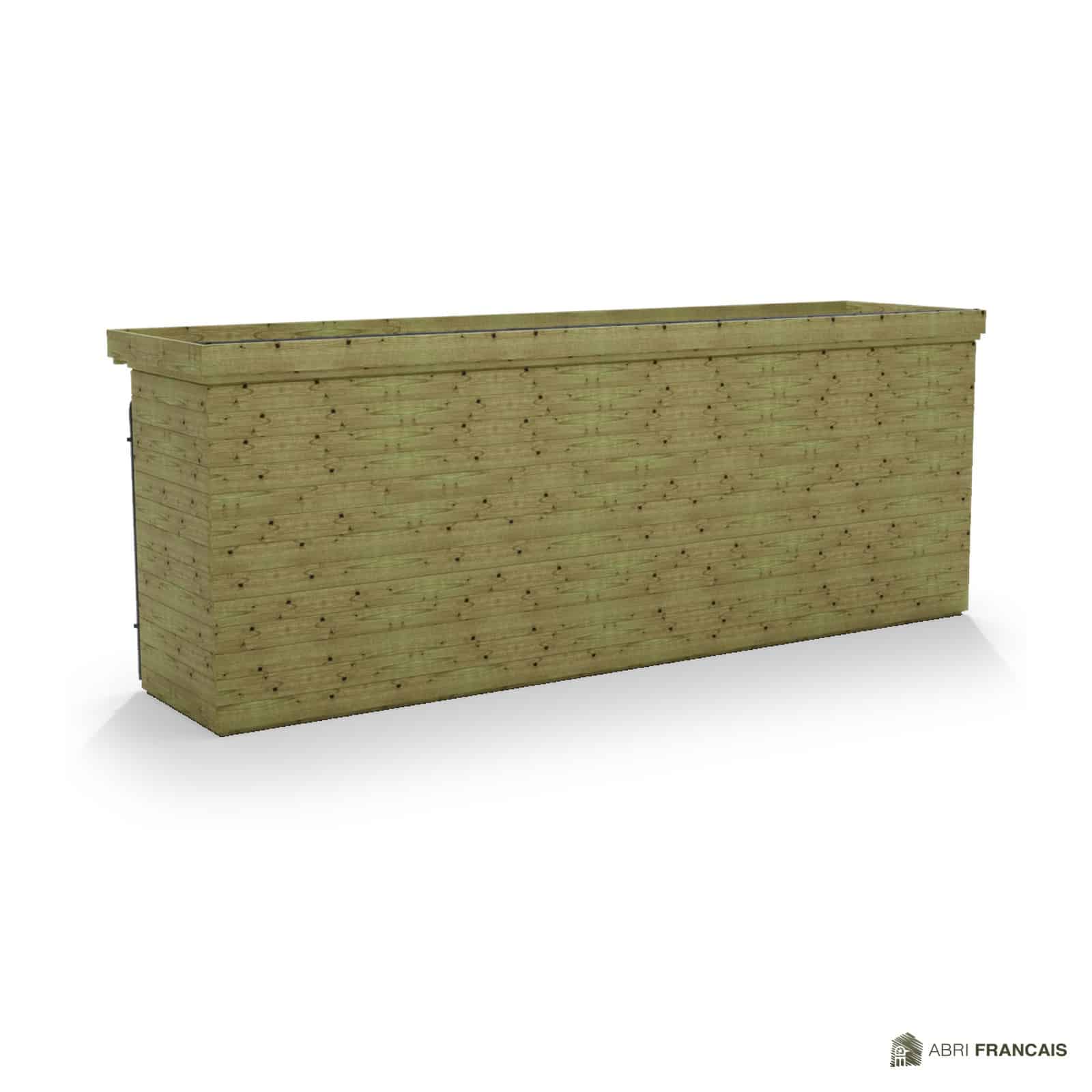 Abri à bûches 5 m × 1,30 m, avec gouttière – vue arrière, fond et côtés