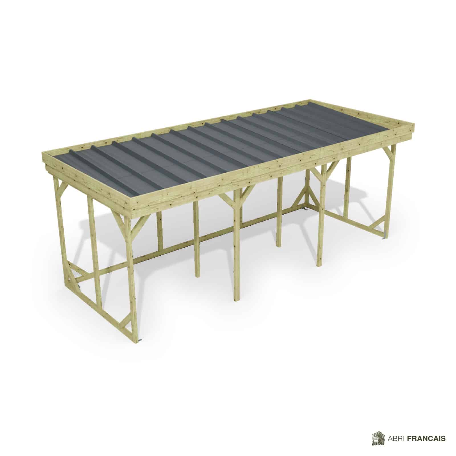 Abri à bûches 5 m × 2,27 m – vue du toit en bac acier