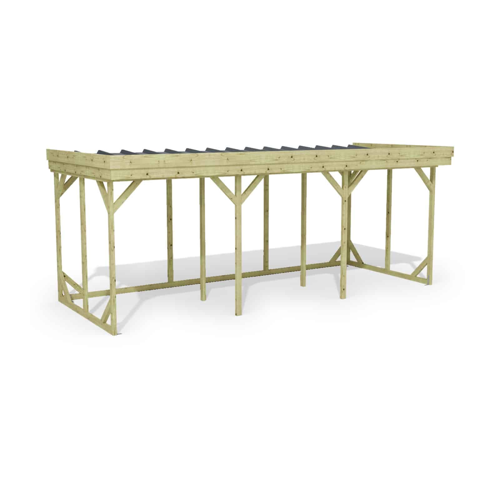 Abri à bûches 5 m × 2,27 m, adossé – rendu 3D sur fond blanc
