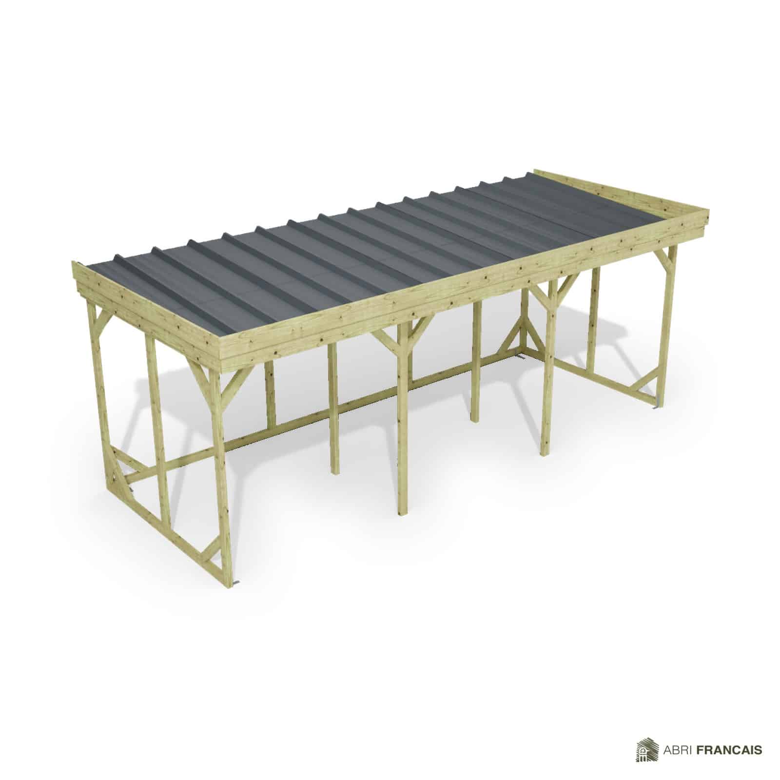 Abri à bûches 5 m × 2,27 m, adossé – vue du toit en bac acier