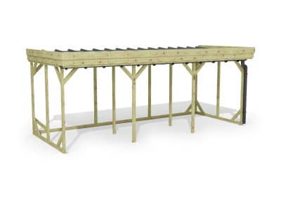 Abri à bûches 5 m × 2,27 m, adossé, avec gouttière – rendu 3D sur fond blanc