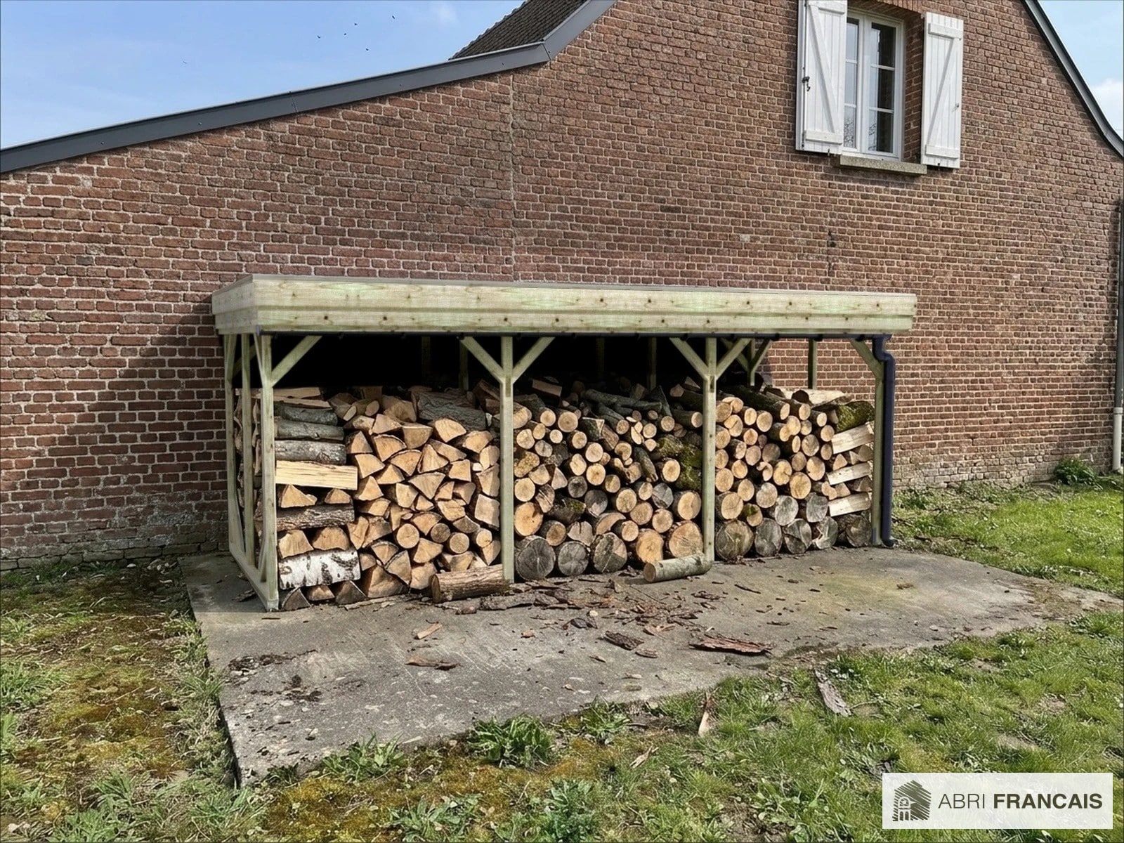 Abri à bûches 5 m × 2,27 m, adossé, avec gouttière – mise en situation