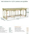 Abri à bûches 5 m × 2,27 m, adossé, avec gouttière – cotes extérieures et intérieures