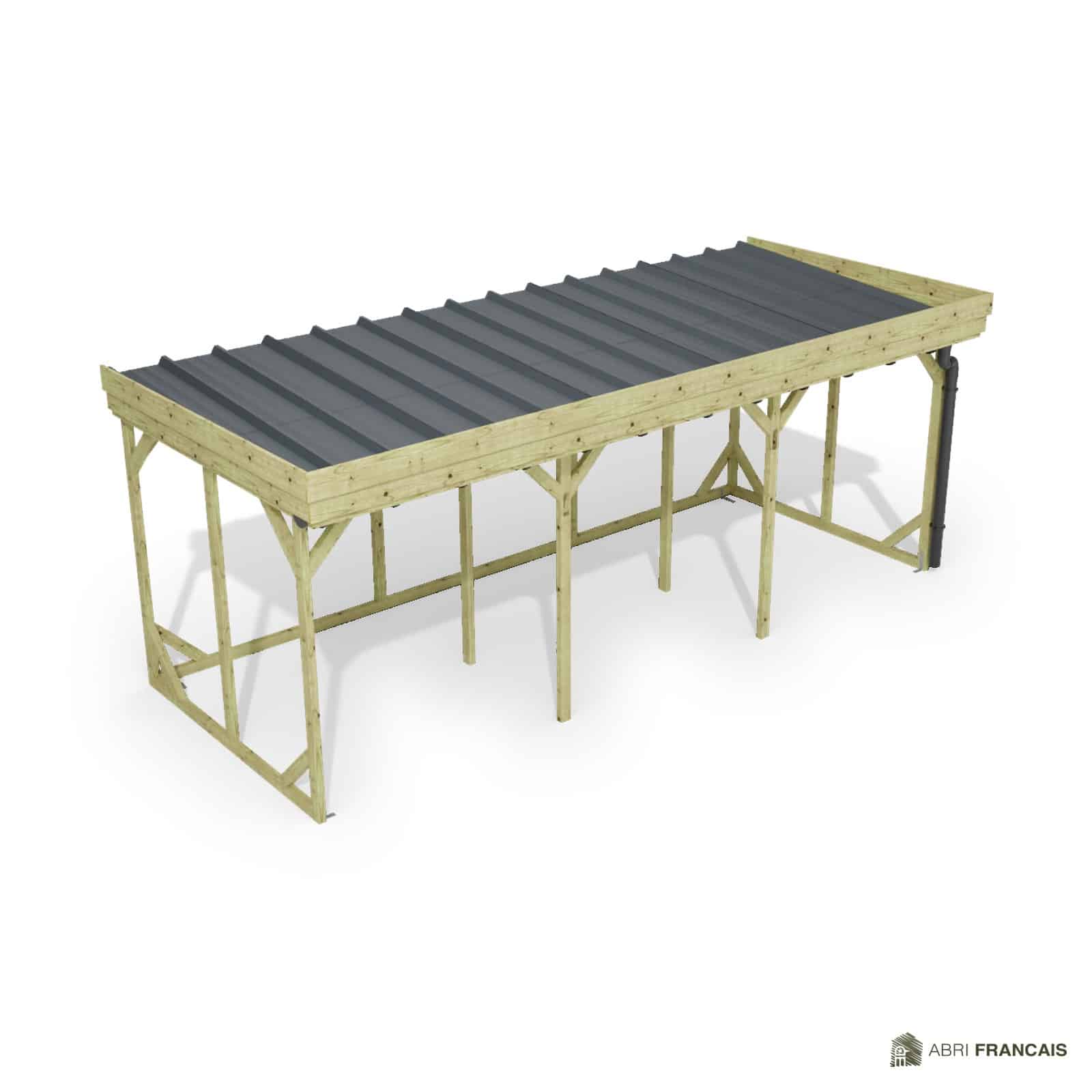 Abri à bûches 5 m × 2,27 m, adossé, avec gouttière – vue du toit en bac acier