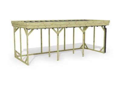 Abri à bûches 5 m × 2,27 m, avec gouttière – rendu 3D sur fond blanc