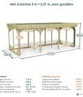 Abri à bûches 5 m × 2,27 m, avec gouttière – cotes extérieures et intérieures