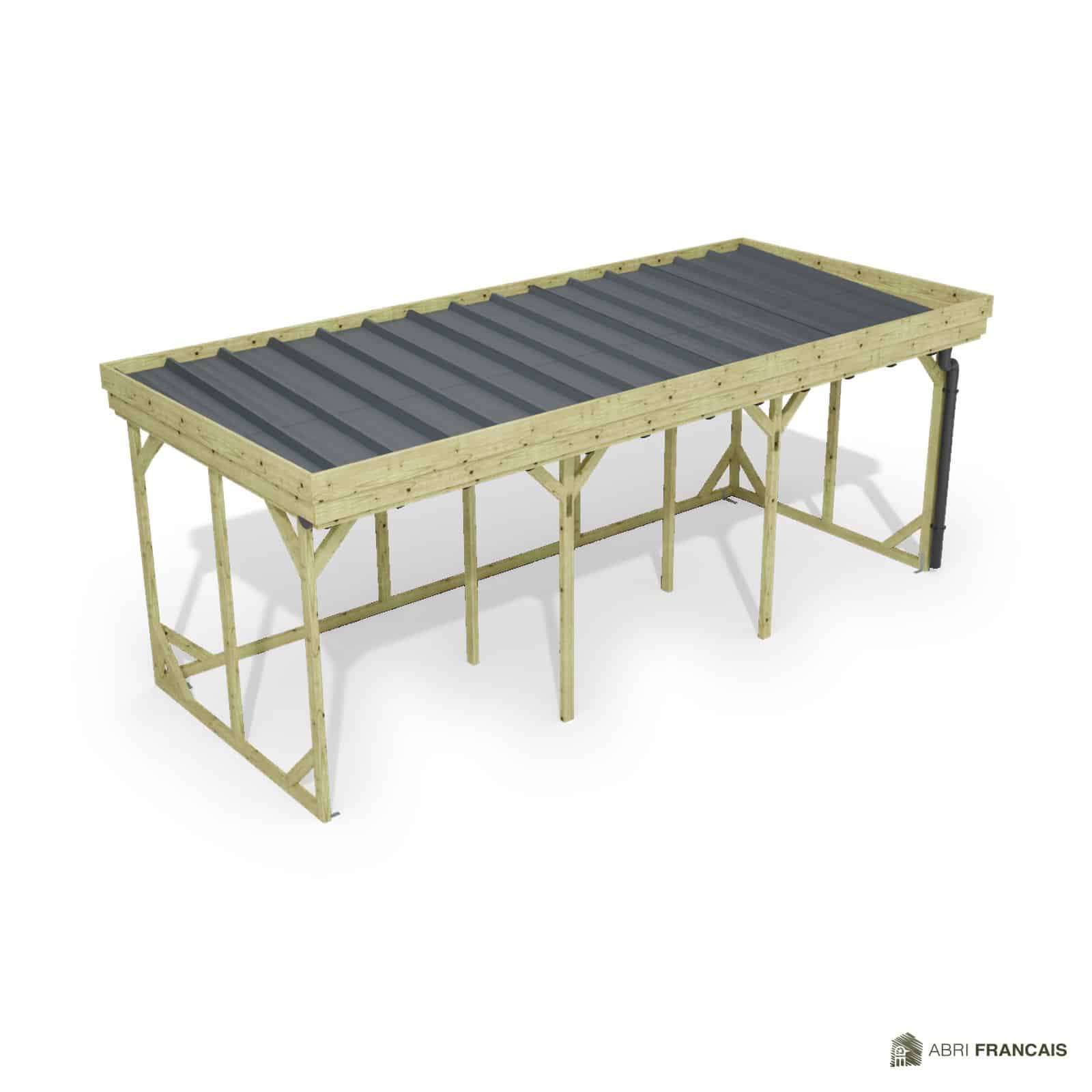 Abri à bûches 5 m × 2,27 m, avec gouttière – vue du toit en bac acier