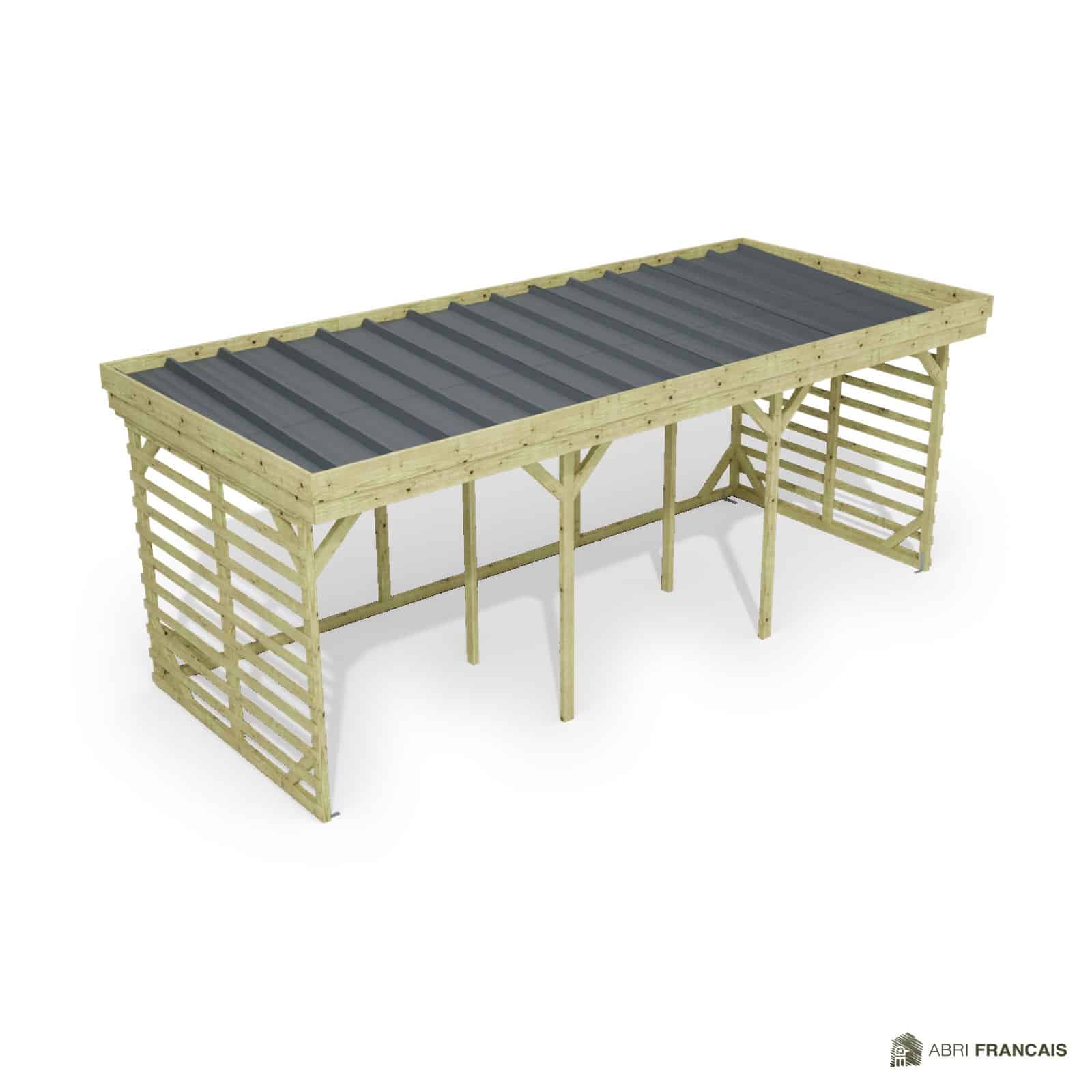 Abri à bûches 5 m × 2,27 m – vue du toit en bac acier