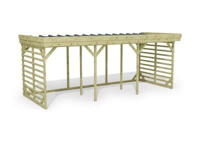 Abri à bûches 5 m × 2,27 m, adossé – rendu 3D sur fond blanc