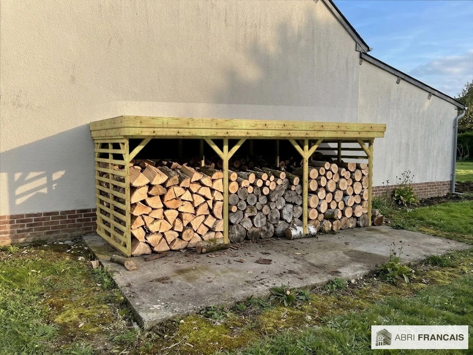 Abri à bûches 5 m × 2,27 m, adossé – mise en situation