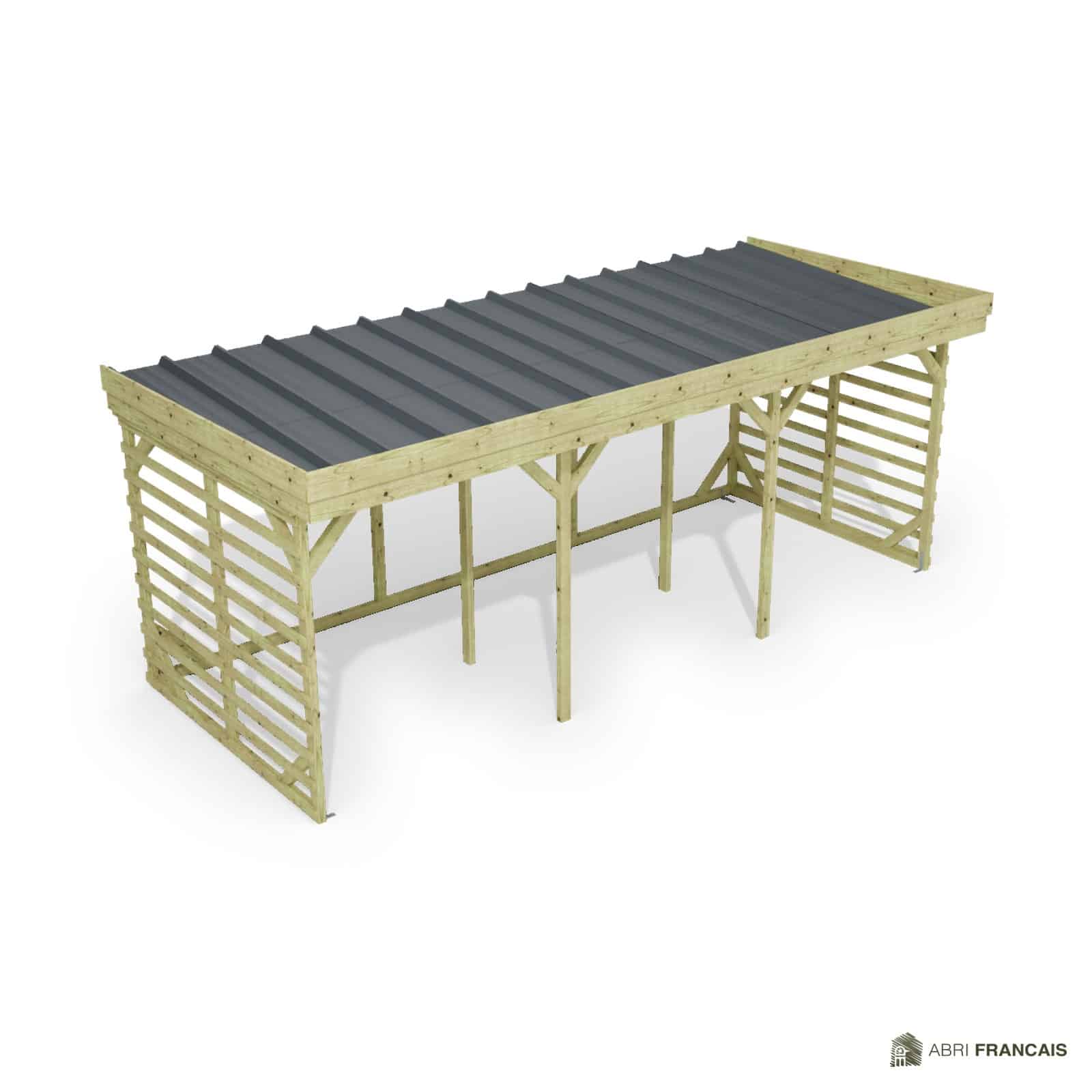 Abri à bûches 5 m × 2,27 m, adossé – vue du toit en bac acier