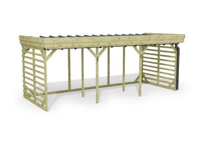Abri à bûches 5 m × 2,27 m, adossé, avec gouttière – rendu 3D sur fond blanc