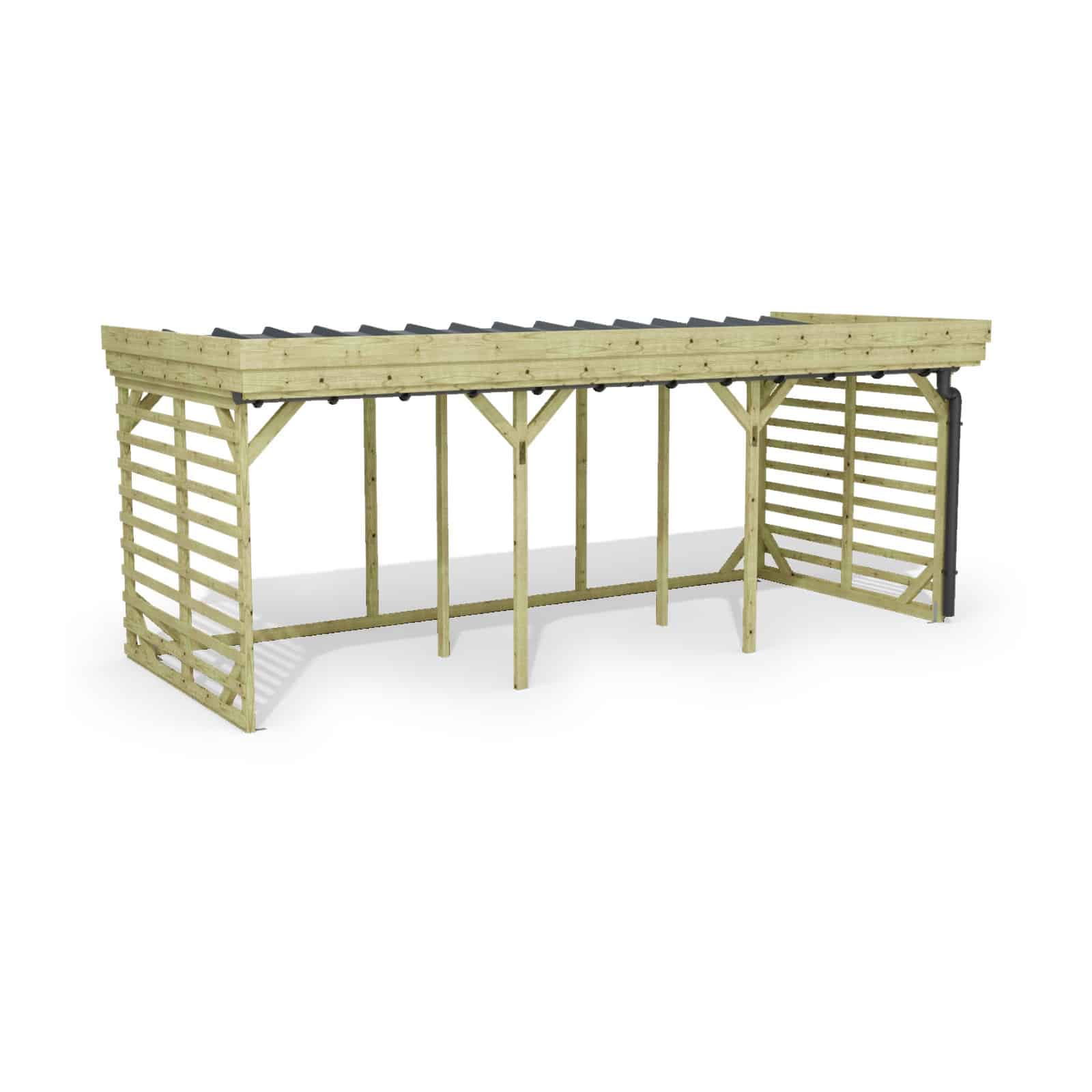 Abri à bûches 5 m × 2,27 m, adossé, avec gouttière – rendu 3D sur fond blanc