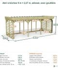 Abri à bûches 5 m × 2,27 m, adossé, avec gouttière – cotes extérieures et intérieures
