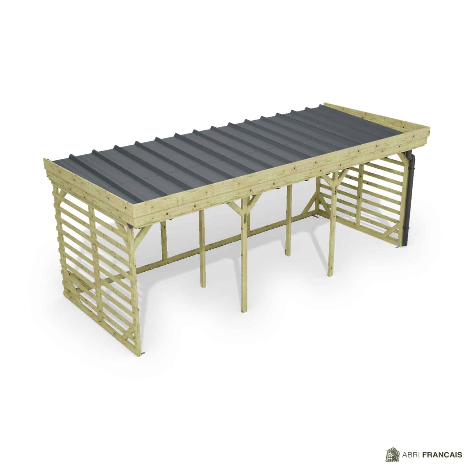 Abri à bûches 5 m × 2,27 m, adossé, avec gouttière – vue du toit en bac acier