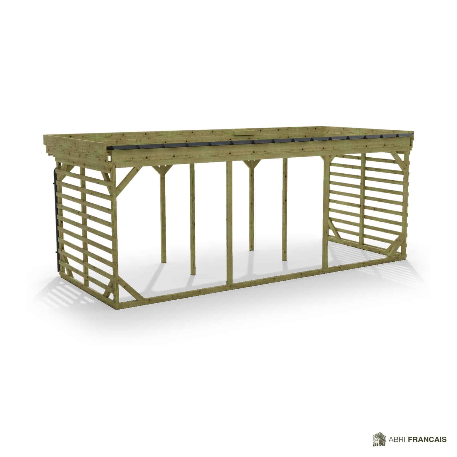 Abri à bûches 5 m × 2,27 m, adossé, avec gouttière – vue arrière, fond et côtés