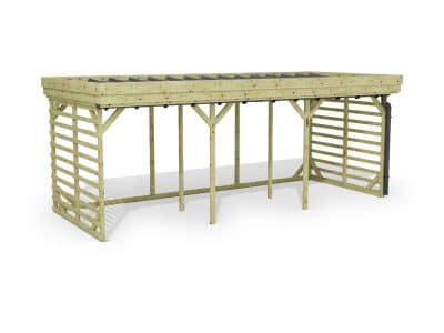 Abri à bûches 5 m × 2,27 m, avec gouttière – rendu 3D sur fond blanc