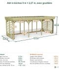 Abri à bûches 5 m × 2,27 m, avec gouttière – cotes extérieures et intérieures