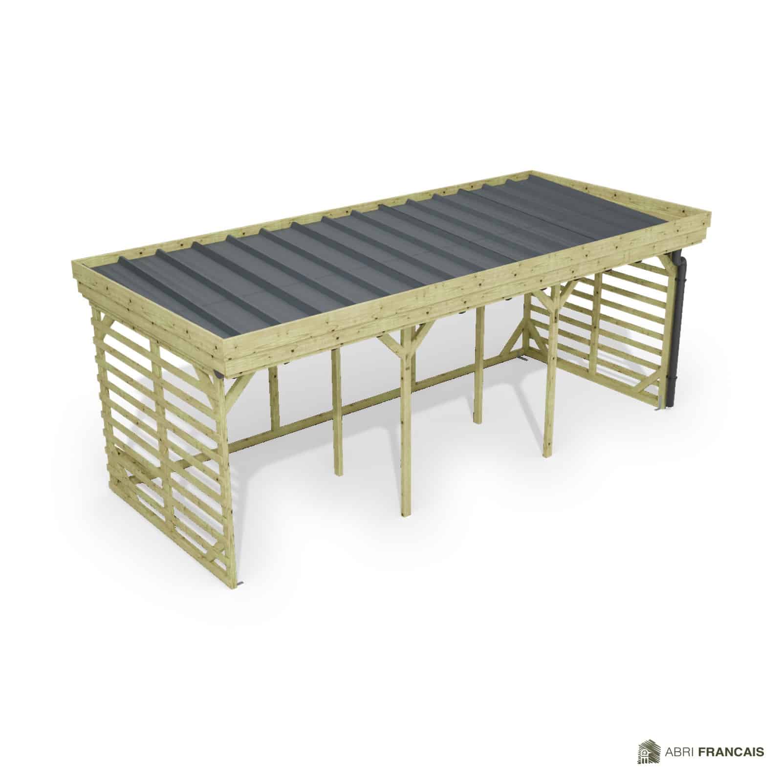 Abri à bûches 5 m × 2,27 m, avec gouttière – vue du toit en bac acier
