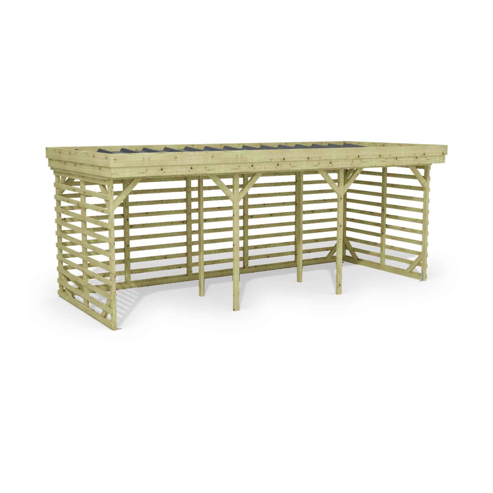 Abri à bûches 5 m × 2,27 m – rendu 3D sur fond blanc
