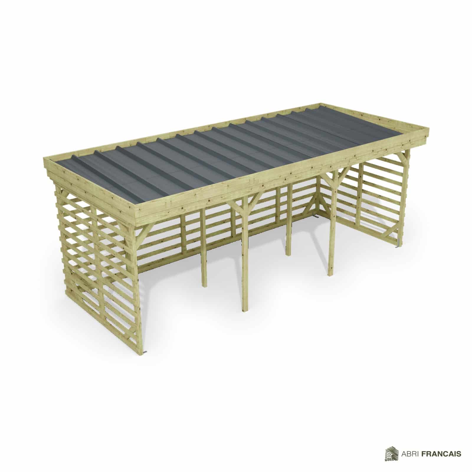 Abri à bûches 5 m × 2,27 m – vue du toit en bac acier