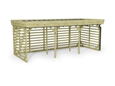 Abri à bûches 5 m × 2,27 m, avec gouttière – rendu 3D sur fond blanc