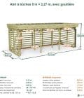 Abri à bûches 5 m × 2,27 m, avec gouttière – cotes extérieures et intérieures