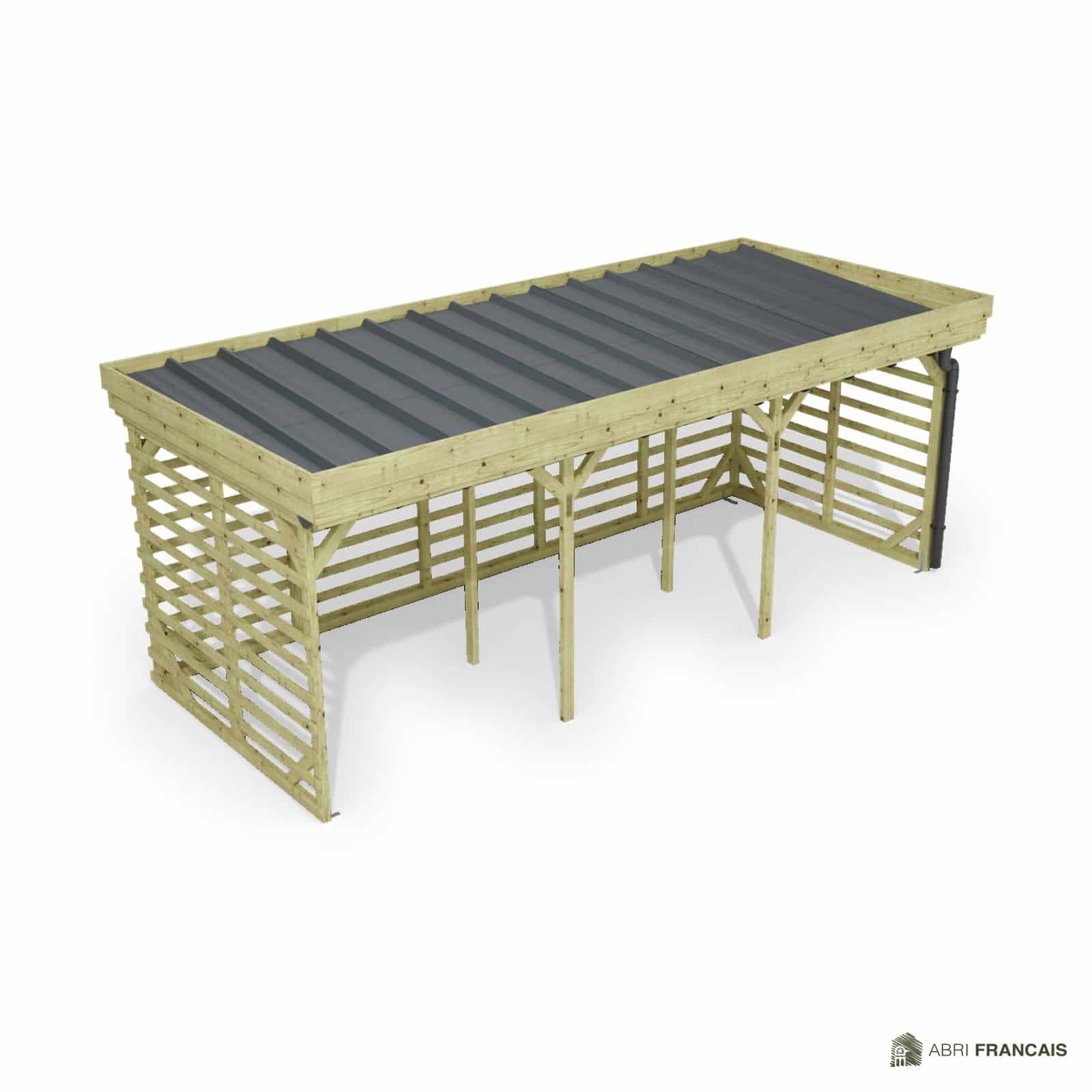 Abri à bûches 5 m × 2,27 m, avec gouttière – vue du toit en bac acier