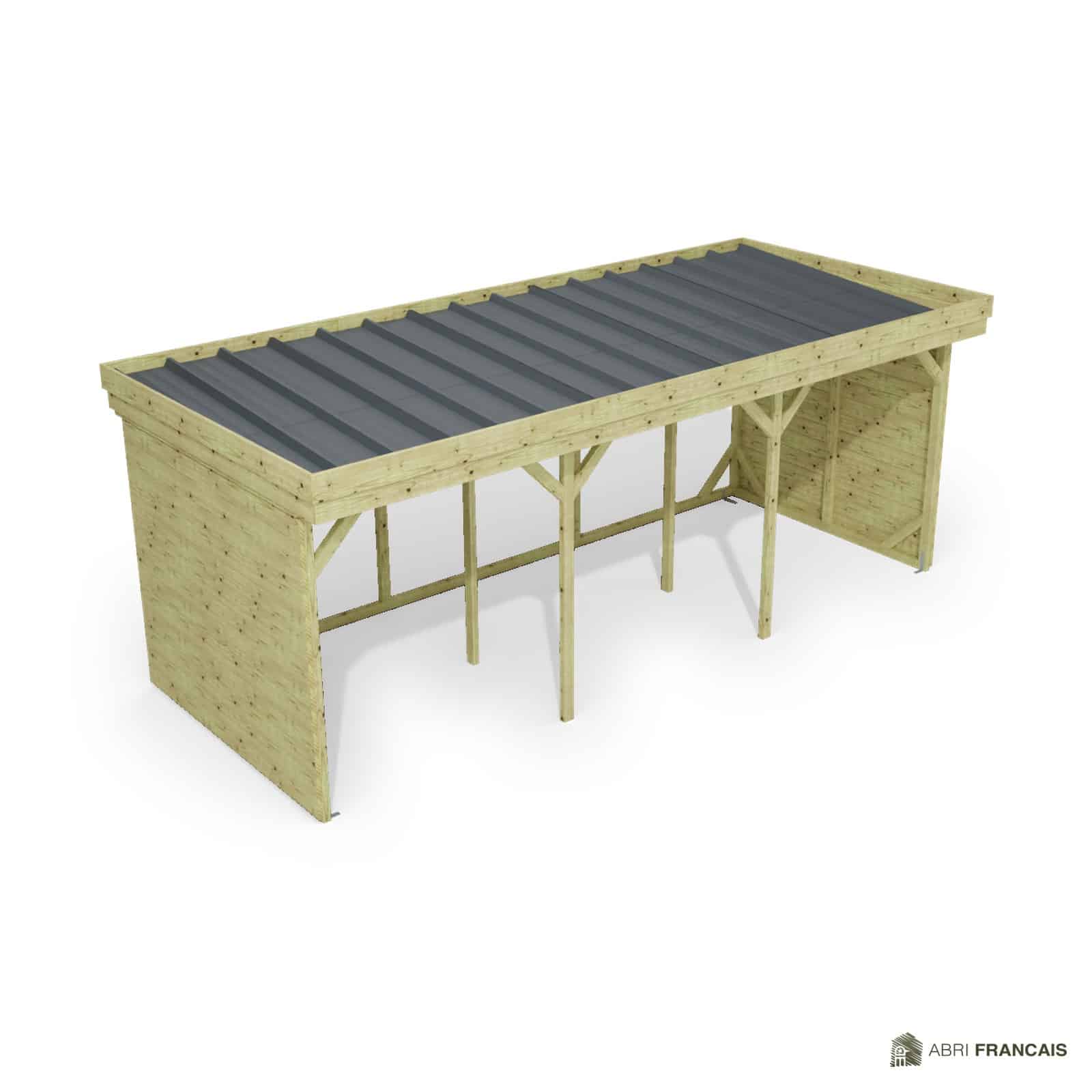 Abri à bûches 5 m × 2,27 m – vue du toit en bac acier